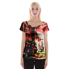 Fantasy Art Story Lodge Girl Rabbits Flowers Cap Sleeve Tops by BangZart