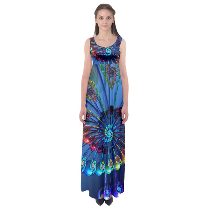 Top Peacock Feathers Empire Waist Maxi Dress