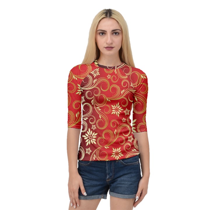 Golden Swirls Floral Pattern Quarter Sleeve Tee