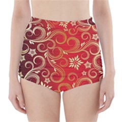 Golden Swirls Floral Pattern High-waisted Bikini Bottoms by BangZart