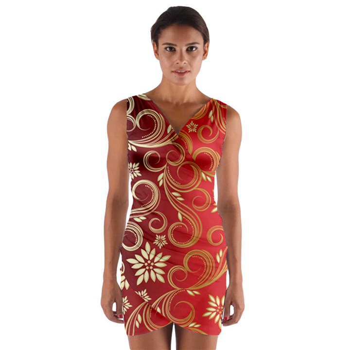 Golden Swirls Floral Pattern Wrap Front Bodycon Dress