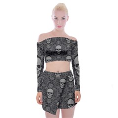 Dark Horror Skulls Pattern Off Shoulder Top With Skirt Set