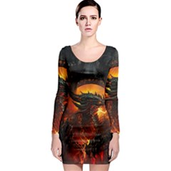 Dragon Legend Art Fire Digital Fantasy Long Sleeve Bodycon Dress by BangZart