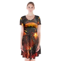 Dragon Legend Art Fire Digital Fantasy Short Sleeve V-neck Flare Dress by BangZart