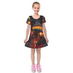 Dragon Legend Art Fire Digital Fantasy Kids  Short Sleeve Velvet Dress by BangZart