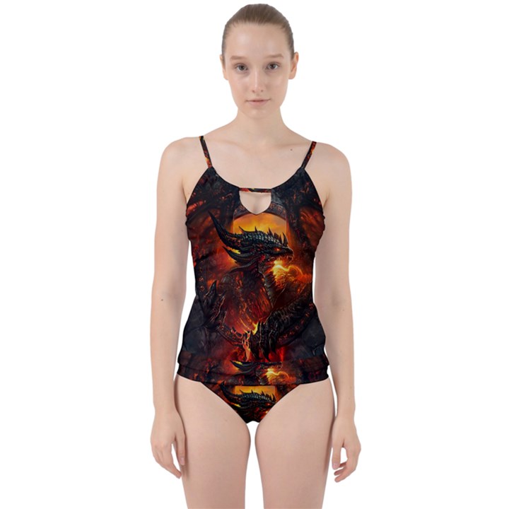 Dragon Legend Art Fire Digital Fantasy Cut Out Top Tankini Set