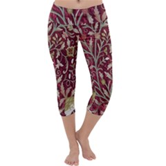 Crewel Fabric Tree Of Life Maroon Capri Yoga Leggings by BangZart