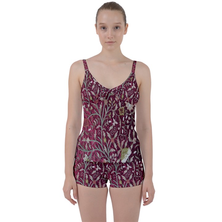 Crewel Fabric Tree Of Life Maroon Tie Front Two Piece Tankini