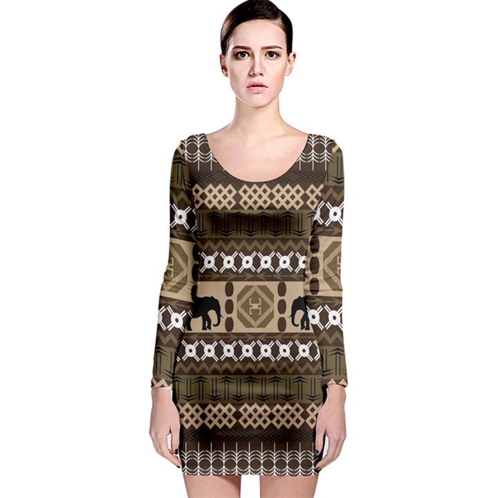 Elephant African Vector Pattern Long Sleeve Bodycon Dress