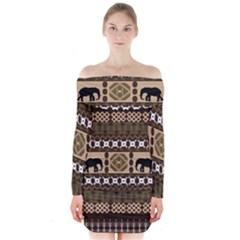 Elephant African Vector Pattern Long Sleeve Off Shoulder Dress by BangZart