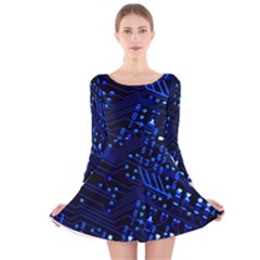 Blue Circuit Technology Image Long Sleeve Velvet Skater Dress by BangZart