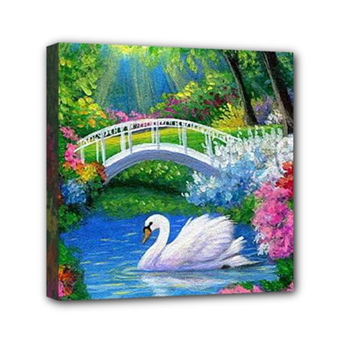 Swan Bird Spring Flowers Trees Lake Pond Landscape Original Aceo Painting Art Mini Canvas 6  X 6  by BangZart