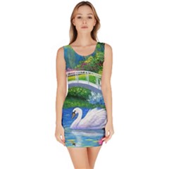 Swan Bird Spring Flowers Trees Lake Pond Landscape Original Aceo Painting Art Bodycon Dress by BangZart