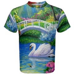 Swan Bird Spring Flowers Trees Lake Pond Landscape Original Aceo Painting Art Men s Cotton Tee by BangZart