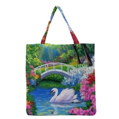 Swan Bird Spring Flowers Trees Lake Pond Landscape Original Aceo Painting Art Grocery Tote Bag by BangZart