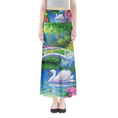 Swan Bird Spring Flowers Trees Lake Pond Landscape Original Aceo Painting Art Full Length Maxi Skirt by BangZart