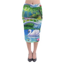 Swan Bird Spring Flowers Trees Lake Pond Landscape Original Aceo Painting Art Midi Pencil Skirt by BangZart