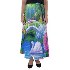 Swan Bird Spring Flowers Trees Lake Pond Landscape Original Aceo Painting Art Flared Maxi Skirt by BangZart