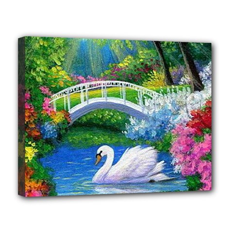 Swan Bird Spring Flowers Trees Lake Pond Landscape Original Aceo Painting Art Canvas 14  X 11  by BangZart