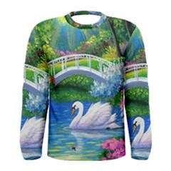 Swan Bird Spring Flowers Trees Lake Pond Landscape Original Aceo Painting Art Men s Long Sleeve Tee