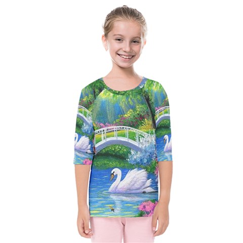 Swan Bird Spring Flowers Trees Lake Pond Landscape Original Aceo Painting Art Kids  Quarter Sleeve Raglan Tee by BangZart