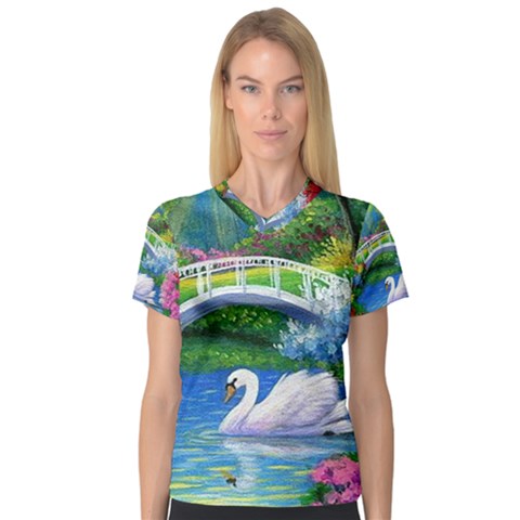 Swan Bird Spring Flowers Trees Lake Pond Landscape Original Aceo Painting Art V-neck Sport Mesh Tee by BangZart