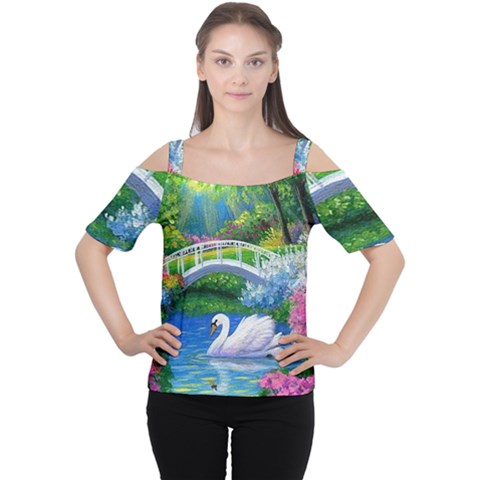 Swan Bird Spring Flowers Trees Lake Pond Landscape Original Aceo Painting Art Cutout Shoulder Tee by BangZart