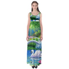 Swan Bird Spring Flowers Trees Lake Pond Landscape Original Aceo Painting Art Empire Waist Maxi Dress by BangZart