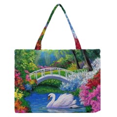 Swan Bird Spring Flowers Trees Lake Pond Landscape Original Aceo Painting Art Medium Zipper Tote Bag by BangZart