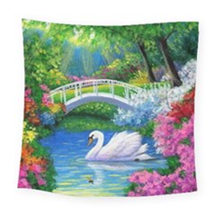 Swan Bird Spring Flowers Trees Lake Pond Landscape Original Aceo Painting Art Square Tapestry (large) by BangZart