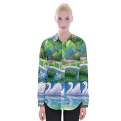 Swan Bird Spring Flowers Trees Lake Pond Landscape Original Aceo Painting Art Womens Long Sleeve Shirt