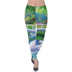 Swan Bird Spring Flowers Trees Lake Pond Landscape Original Aceo Painting Art Velvet Leggings by BangZart