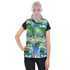 Swan Bird Spring Flowers Trees Lake Pond Landscape Original Aceo Painting Art Women s Button Up Puffer Vest by BangZart