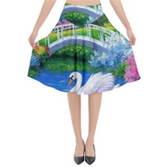 Swan Bird Spring Flowers Trees Lake Pond Landscape Original Aceo Painting Art Flared Midi Skirt by BangZart