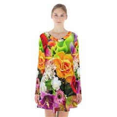 Colorful Flowers Long Sleeve Velvet V-neck Dress by BangZart