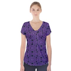 Triangle Knot Purple And Black Fabric Short Sleeve Front Detail Top by BangZart