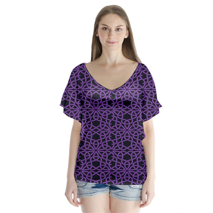 Triangle Knot Purple And Black Fabric Flutter Sleeve Top