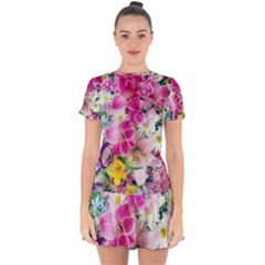 Colorful Flowers Patterns Drop Hem Mini Chiffon Dress