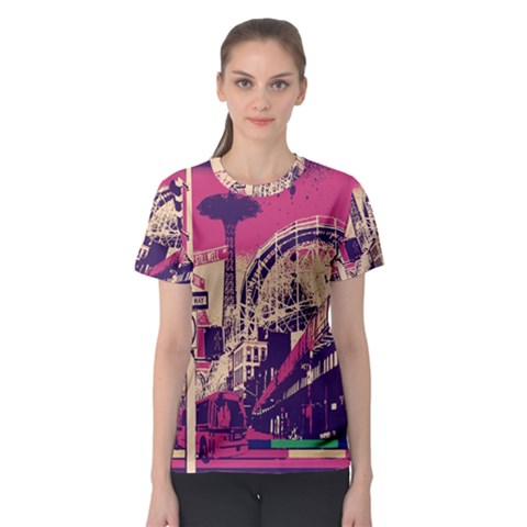 Pink City Retro Vintage Futurism Art Women s Sport Mesh Tee by BangZart