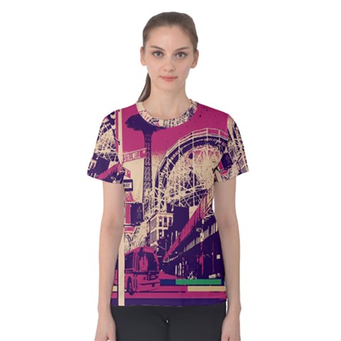 Pink City Retro Vintage Futurism Art Women s Cotton Tee by BangZart