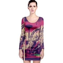 Pink City Retro Vintage Futurism Art Long Sleeve Bodycon Dress by BangZart