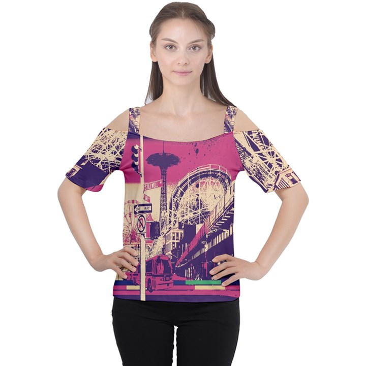 Pink City Retro Vintage Futurism Art Cutout Shoulder Tee