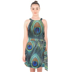 Feathers Art Peacock Sheets Patterns Halter Collar Waist Tie Chiffon Dress by BangZart