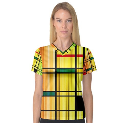 Line Rainbow Grid Abstract V-neck Sport Mesh Tee by BangZart