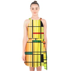 Line Rainbow Grid Abstract Halter Collar Waist Tie Chiffon Dress