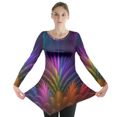 Colored Rays Symmetry Feather Art Long Sleeve Tunic  by BangZart