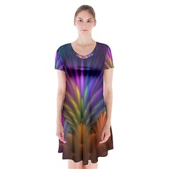 Colored Rays Symmetry Feather Art Short Sleeve V-neck Flare Dress