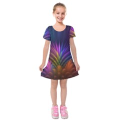 Colored Rays Symmetry Feather Art Kids  Short Sleeve Velvet Dress by BangZart