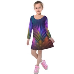 Colored Rays Symmetry Feather Art Kids  Long Sleeve Velvet Dress by BangZart