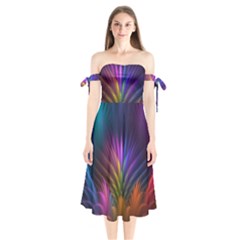 Colored Rays Symmetry Feather Art Shoulder Tie Bardot Midi Dress